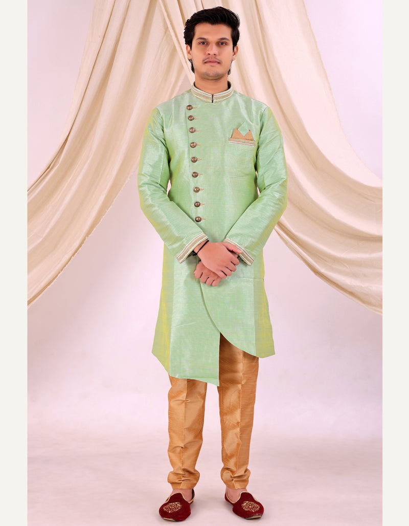 Pista Green Silk Blend Sherwani Set with Beige Pyjama for Men - DBMS1007