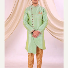 Pista Green Silk Blend Sherwani Set with Beige Pyjama for Men - DBMS1007