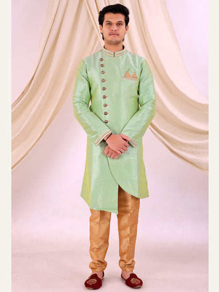 Pista Green Silk Blend Sherwani Set with Beige Pyjama for Men - DBMS1007