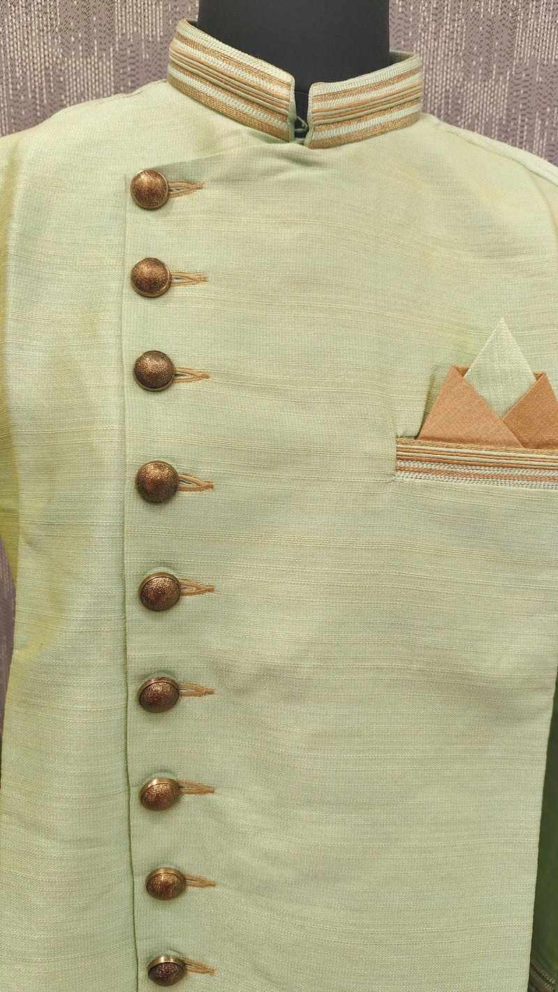 Pista Green Silk Blend Sherwani Set with Beige Pyjama for Men - DBMS1007