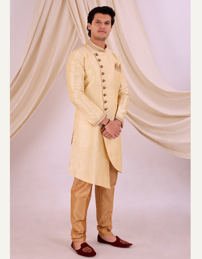 Beige Silk Blend Sherwani Set with Beige Pyjama for Men - DBMS1008