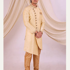 Beige Silk Blend Sherwani Set with Beige Pyjama for Men - DBMS1008