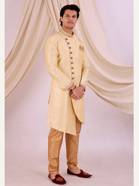 Beige Silk Blend Sherwani Set with Beige Pyjama for Men - DBMS1008