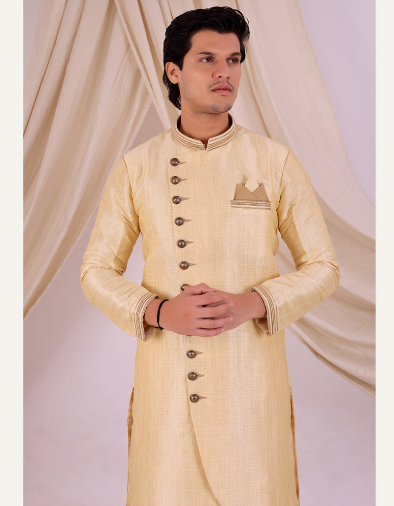 Beige Silk Blend Sherwani Set with Beige Pyjama for Men - DBMS1008