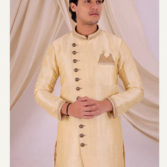 Beige Silk Blend Sherwani Set with Beige Pyjama for Men - DBMS1008