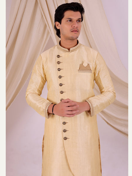 Beige Silk Blend Sherwani Set with Beige Pyjama for Men - DBMS1008