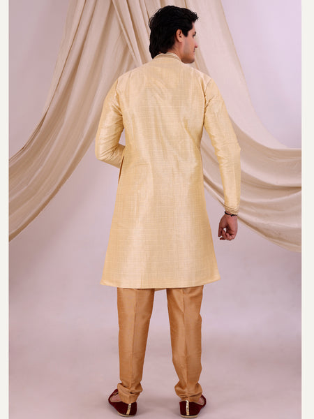 Beige Silk Blend Sherwani Set with Beige Pyjama for Men - DBMS1008