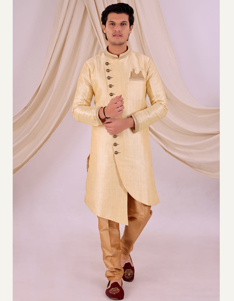 Beige Silk Blend Sherwani Set with Beige Pyjama for Men - DBMS1008