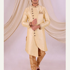 Beige Silk Blend Sherwani Set with Beige Pyjama for Men - DBMS1008
