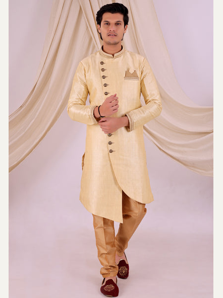 Beige Silk Blend Sherwani Set with Beige Pyjama for Men - DBMS1008