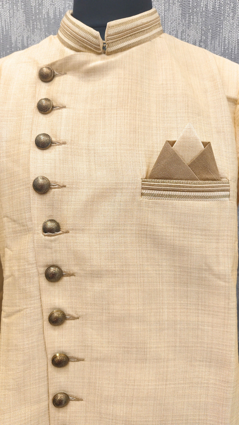 Beige Silk Blend Sherwani Set with Beige Pyjama for Men - DBMS1008