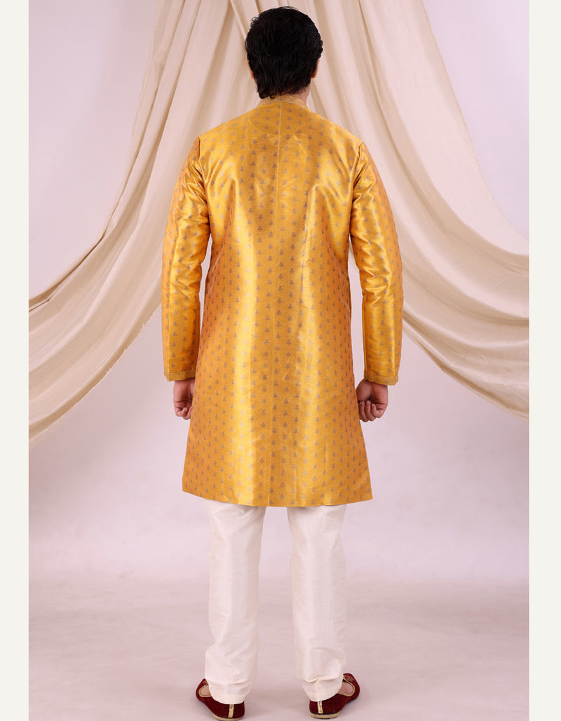 Yellow Silk Blend Sherwani Set with White Pyjama for Men - DBMS1010