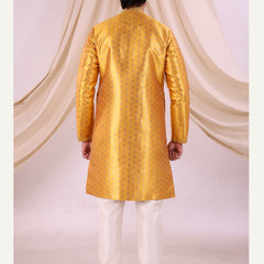 Yellow Silk Blend Sherwani Set with White Pyjama for Men - DBMS1010