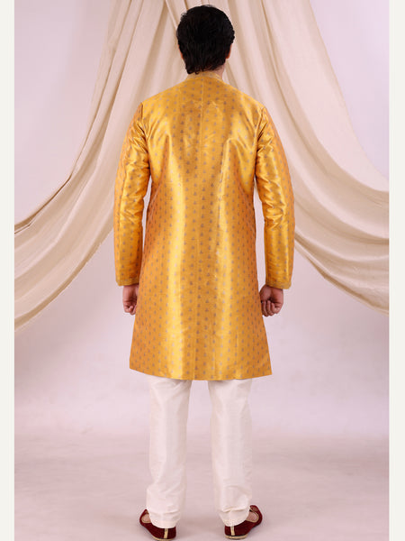 Yellow Silk Blend Sherwani Set with White Pyjama for Men - DBMS1010