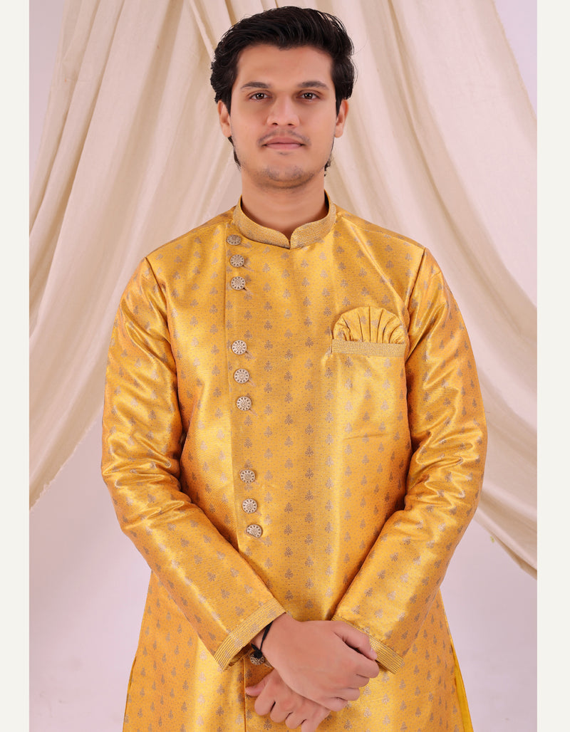 Yellow Silk Blend Sherwani Set with White Pyjama for Men - DBMS1010