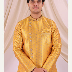 Yellow Silk Blend Sherwani Set with White Pyjama for Men - DBMS1010