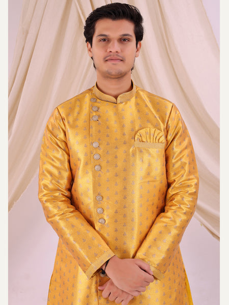 Yellow Silk Blend Sherwani Set with White Pyjama for Men - DBMS1010