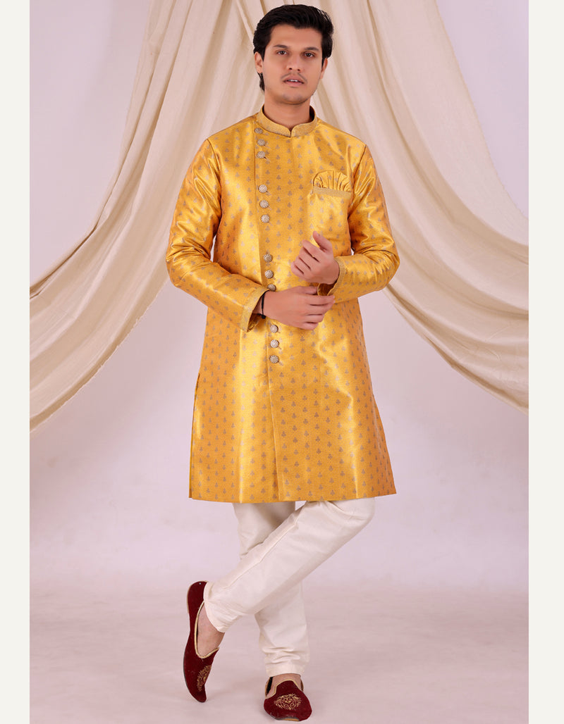 Yellow Silk Blend Sherwani Set with White Pyjama for Men - DBMS1010