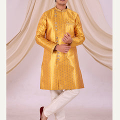 Yellow Silk Blend Sherwani Set with White Pyjama for Men - DBMS1010