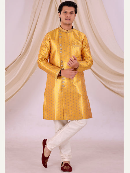Yellow Silk Blend Sherwani Set with White Pyjama for Men - DBMS1010