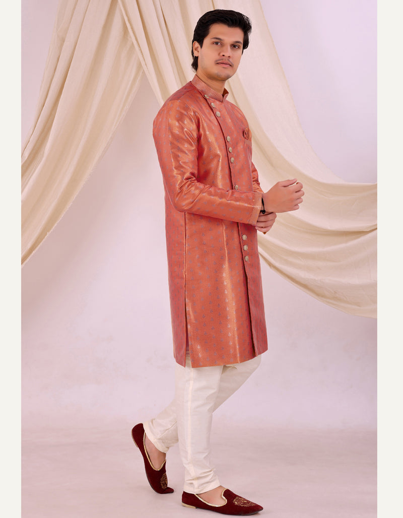 Peach Silk Blend Sherwani Set with Beige Pyjama for Men - DBMS1011