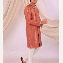 Peach Silk Blend Sherwani Set with Beige Pyjama for Men - DBMS1011