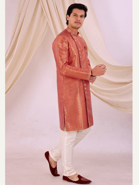 Peach Silk Blend Sherwani Set with Beige Pyjama for Men - DBMS1011