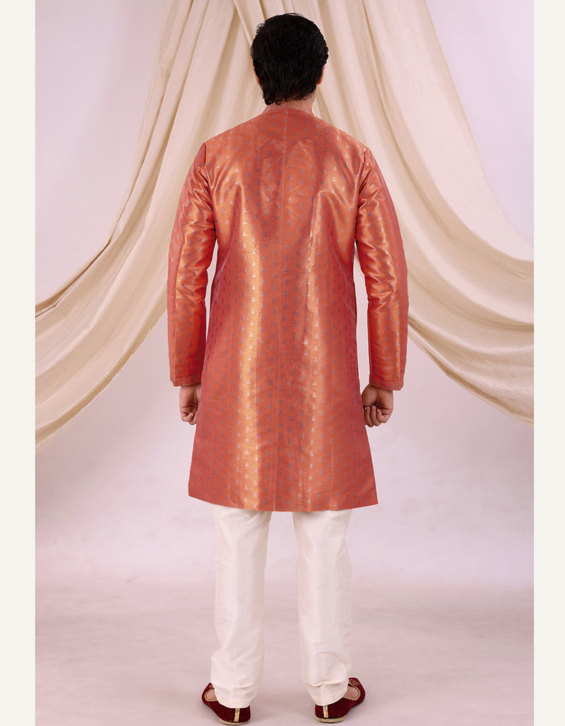 Peach Silk Blend Sherwani Set with Beige Pyjama for Men - DBMS1011