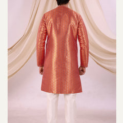 Peach Silk Blend Sherwani Set with Beige Pyjama for Men - DBMS1011