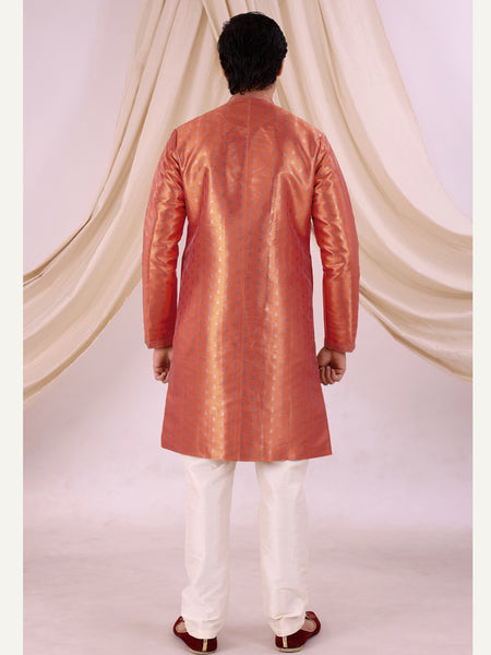 Peach Silk Blend Sherwani Set with Beige Pyjama for Men - DBMS1011