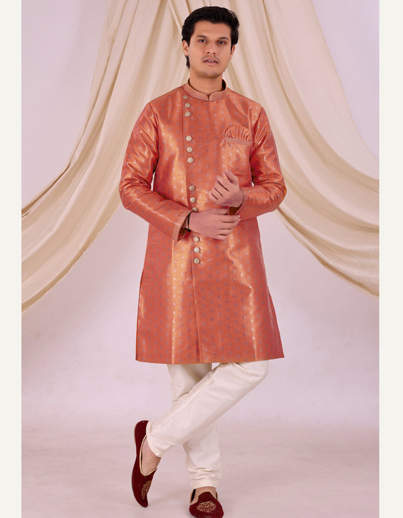 Peach Silk Blend Sherwani Set with Beige Pyjama for Men - DBMS1011
