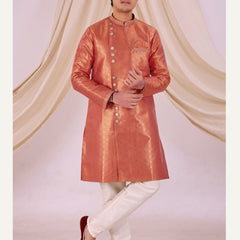 Peach Silk Blend Sherwani Set with Beige Pyjama for Men - DBMS1011