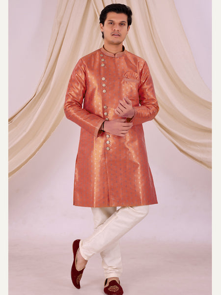 Peach Silk Blend Sherwani Set with Beige Pyjama for Men - DBMS1011