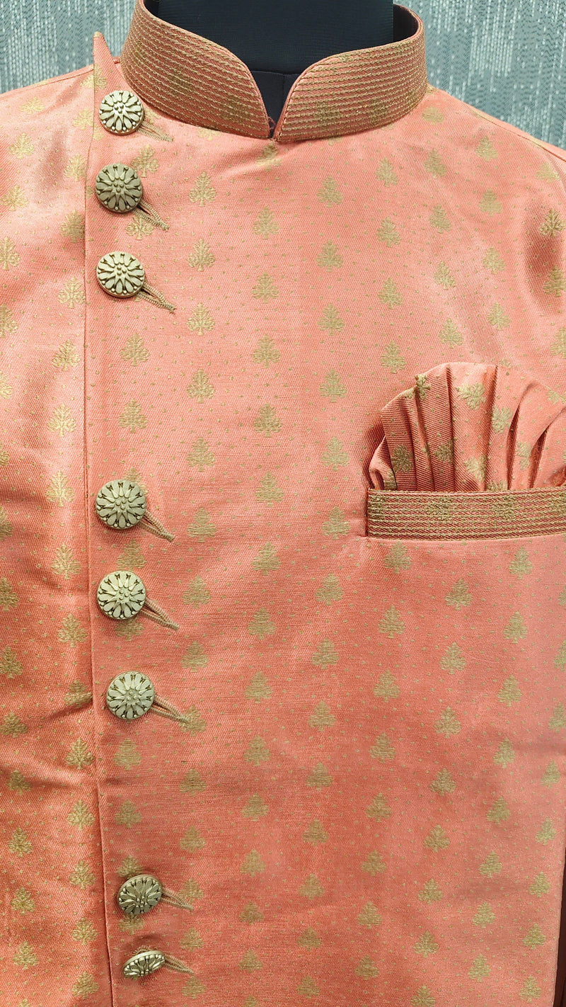 Peach Silk Blend Sherwani Set with Beige Pyjama for Men - DBMS1011