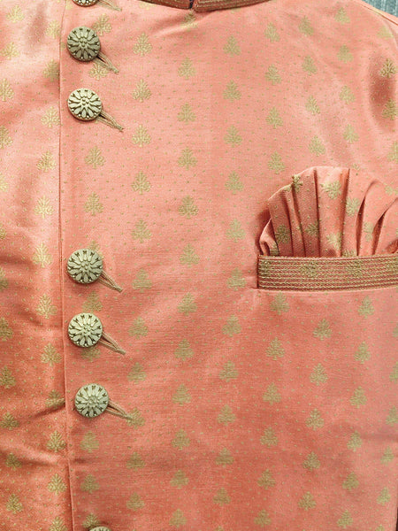 Peach Silk Blend Sherwani Set with Beige Pyjama for Men - DBMS1011