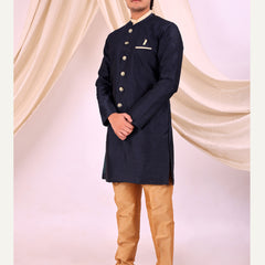 Navy Blue Silk Blend Sherwani Set with White Pyjama for Men - DBMS1012