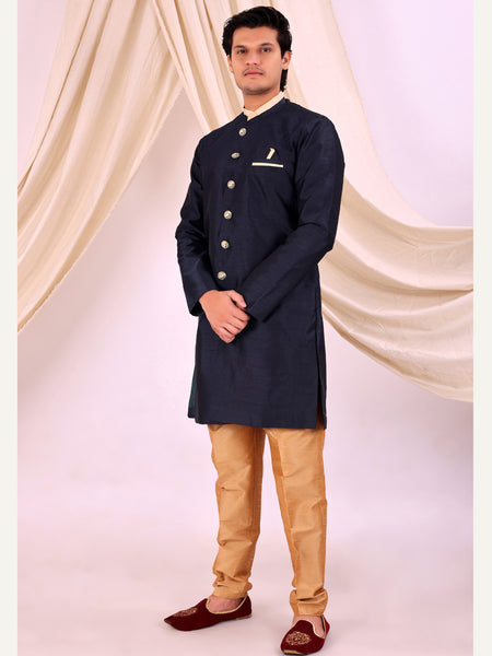 Navy Blue Silk Blend Sherwani Set with White Pyjama for Men - DBMS1012