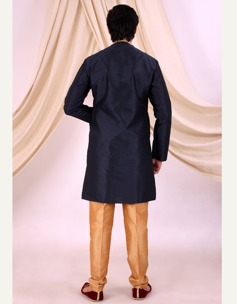 Navy Blue Silk Blend Sherwani Set with White Pyjama for Men - DBMS1012