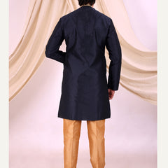 Navy Blue Silk Blend Sherwani Set with White Pyjama for Men - DBMS1012