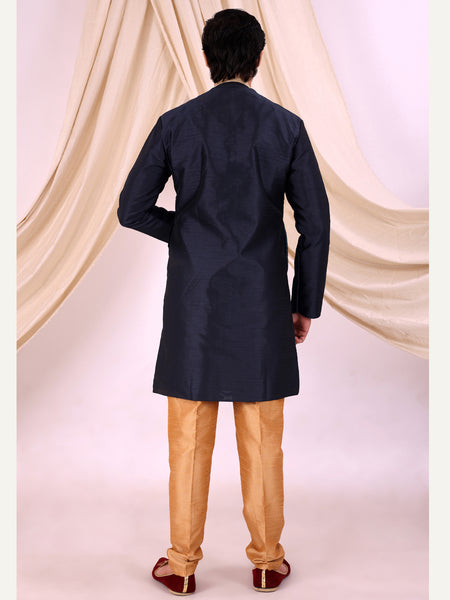 Navy Blue Silk Blend Sherwani Set with White Pyjama for Men - DBMS1012