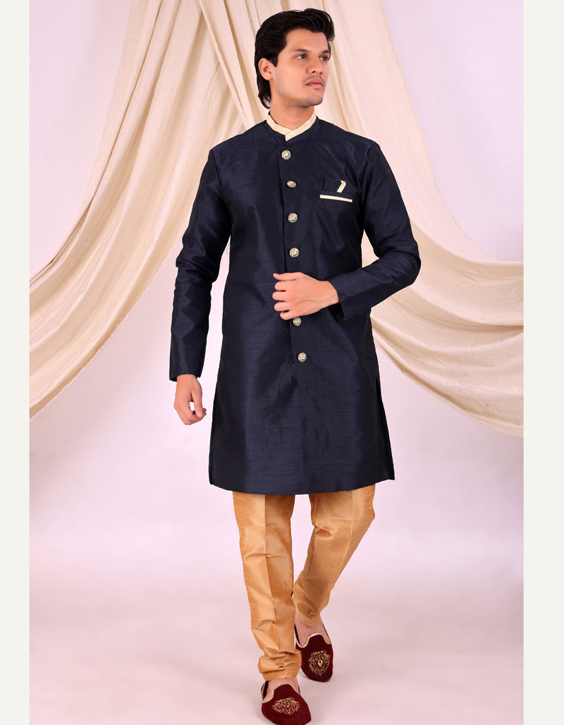 Navy Blue Silk Blend Sherwani Set with White Pyjama for Men - DBMS1012
