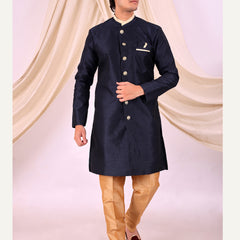 Navy Blue Silk Blend Sherwani Set with White Pyjama for Men - DBMS1012