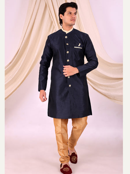 Navy Blue Silk Blend Sherwani Set with White Pyjama for Men - DBMS1012