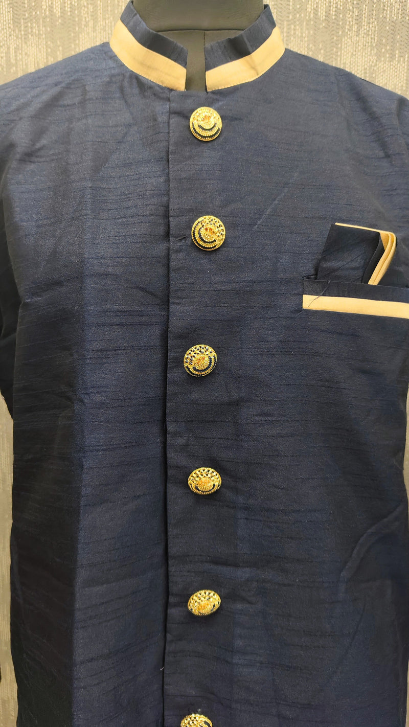 Navy Blue Silk Blend Sherwani Set with White Pyjama for Men - DBMS1012