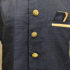 Navy Blue Silk Blend Sherwani Set with White Pyjama for Men - DBMS1012