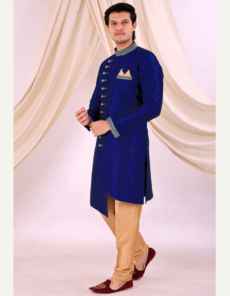 Blue Silk Blend Sherwani Set with Beige Pyjama for Men - DBMS1013