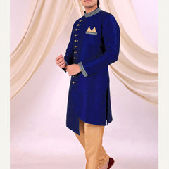 Blue Silk Blend Sherwani Set with Beige Pyjama for Men - DBMS1013