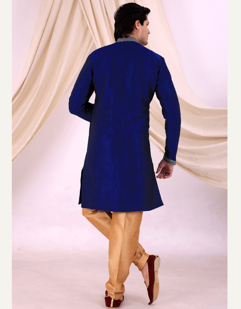 Blue Silk Blend Sherwani Set with Beige Pyjama for Men - DBMS1013