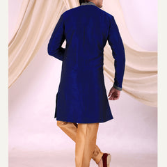 Blue Silk Blend Sherwani Set with Beige Pyjama for Men - DBMS1013