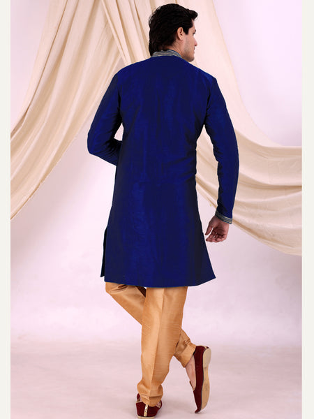 Blue Silk Blend Sherwani Set with Beige Pyjama for Men - DBMS1013
